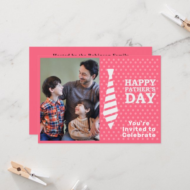 Fathers Day White Tie Pink Dots Add Photo Party Invitation (Front/Back In Situ)