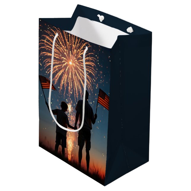 Father's Day With Fireworks and American Flags Medium Gift Bag (Front Angled)