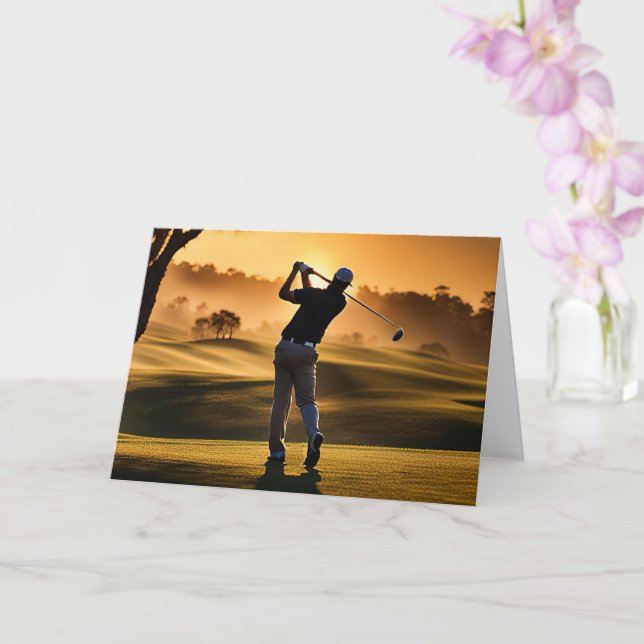 Fathers Day With Golfer on Golf Course Swinging  Card (Orchid)