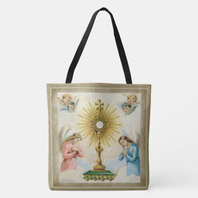 Fatima Angels Praying Eucharist Monstrance Tote Bag (Front)