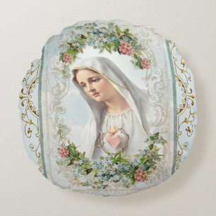 Fatima Blessed Virgin Mary Catholic Floral Round Cushion