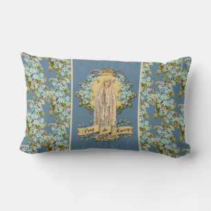 Fatima Virgin Mary Blue Floral Rosary Lumbar Cushion