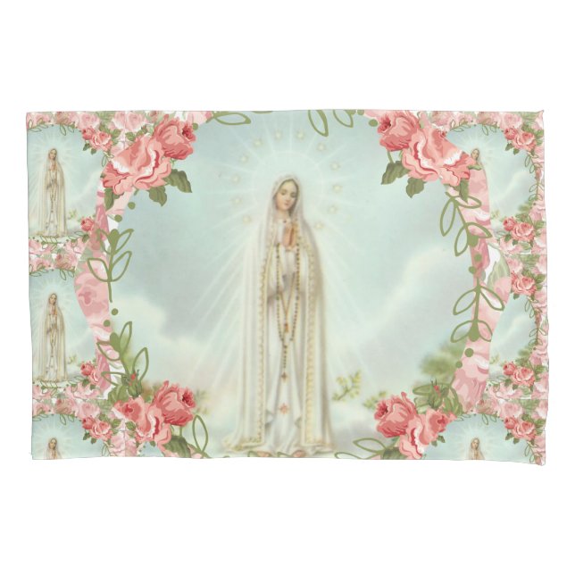 Fatima Virgin Mary Religious Pink Roses  Pillowcase (Front)