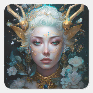 Faun Elf Woman Fantasy Art Square Sticker