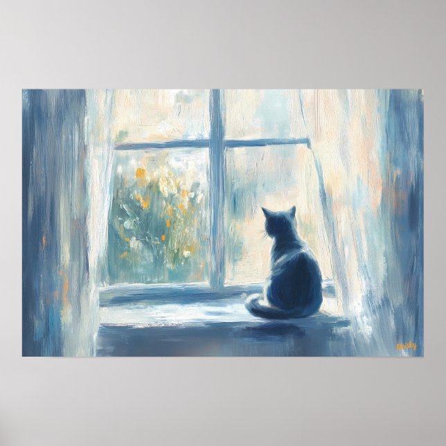 Fauvist Cat in Sunlit Window – Customisable Serene Poster (Front)