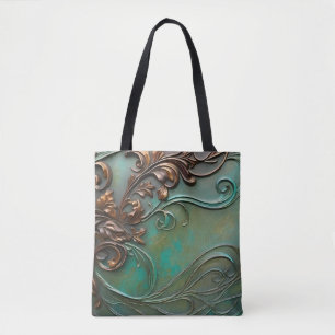 Faux 3D design teal and rust flourishes  Tote Bag