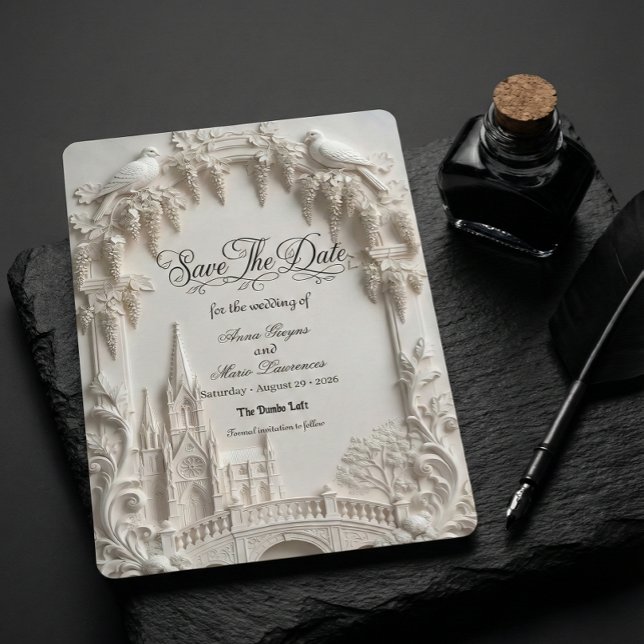 Faux 3D Embossed Relief Cream Baroque Cathedral Save The Date (Creator Uploaded)