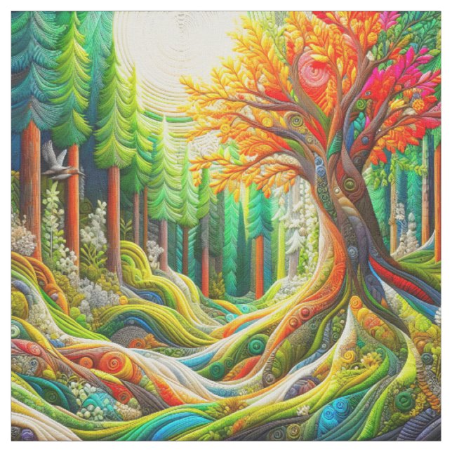 Faux 3D Embroidered Modern Art Forest Landscape Fabric (Swatch)