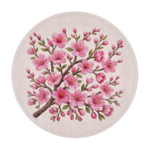 Faux 3D Embroidered Sakura Branch Illustration Cutting Board