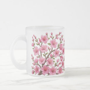 Faux 3D Embroidered Sakura Branch Illustration Frosted Glass Coffee Mug