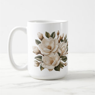 Faux 3D Embroidered White Magnolia Illustration Coffee Mug