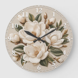 Faux 3D Embroidered White Magnolia Illustration Large Clock