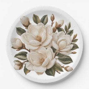 Faux 3D Embroidered White Magnolia Illustration  Paper Plate