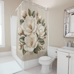 Faux 3D Embroidered White Magnolia Illustration Shower Curtain