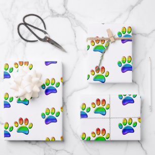 Faux 3D Rainbow Dog Paw Prints Wrapping Paper Sheet