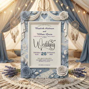 Faux 3D Relief Dusty Blue Floral Wedding  Invitation