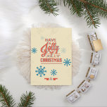 Faux 3D Snowflake Typography Christmas Holiday Card<br><div class="desc">Modern,  3D colors of red and blue together with blue snowflakes floating about.  Tiny ribbon elements below with Christmas trees in red and outlined again in blue.  Typography text on beige background.</div>