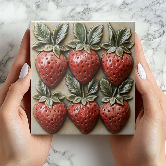 Faux 3D Strawberry Vintage Ceramic Tile Print (Faux 3D Vintage Strawberries Ceramic Tile - Kitchen Backsplash or Shower Favors)