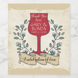 Faux aged paper doodle wine glass laurel wedding wine label