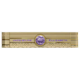 Faux Amethyst Gemstone Metallic Shiny Gold Damask Nameplate