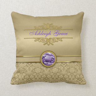 Faux Amethyst Gemstone Shiny Metallic Gold Damask Cushion