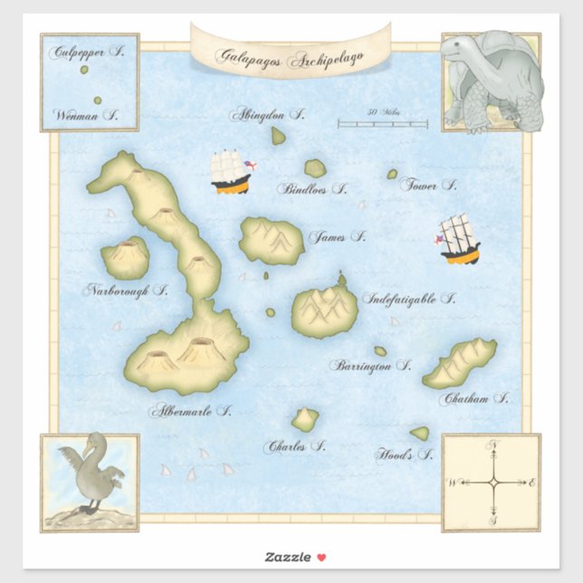 Faux Antique Galapagos Archipelago Map With Ships (Sheet)