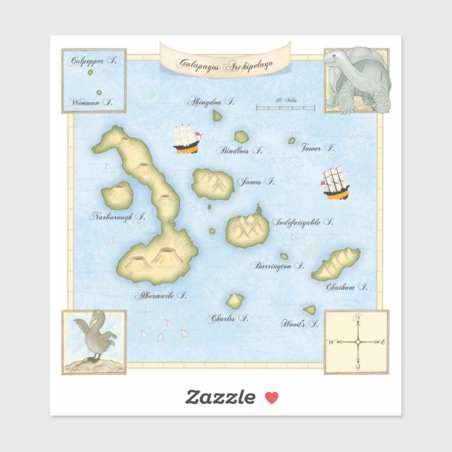 Faux Antique Galapagos Archipelago Map With Ships (Sheet)