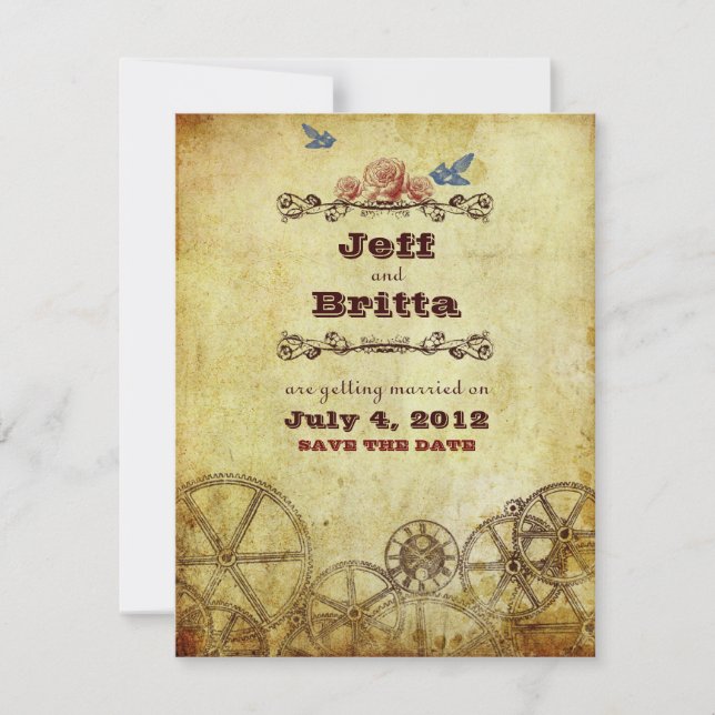 Faux Antique Gold Victorian Steampunk Wedding Save The Date (Front)