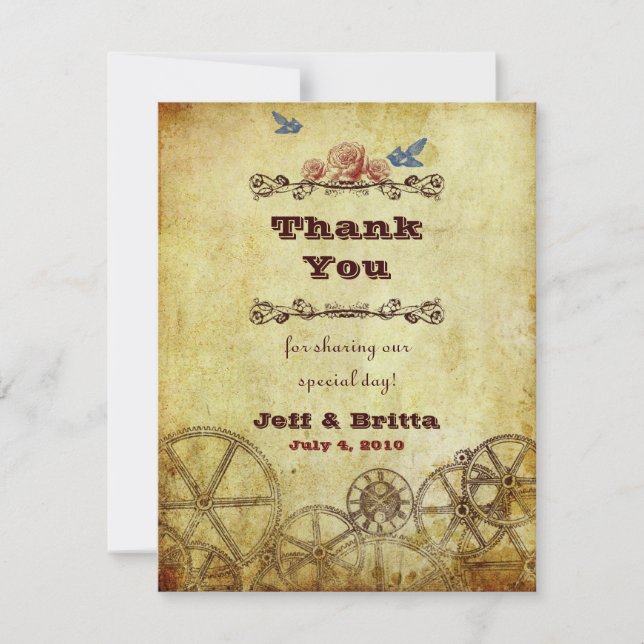 Faux Antique Gold Victorian Steampunk Wedding Thank You Card (Front)
