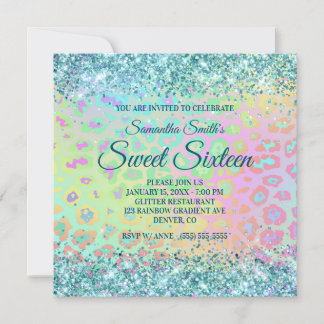 Faux Aqua Blue Glitter Rainbow Leopard Gradient Invitation