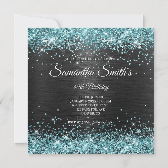 Faux Aqua Glitter and Black Foil 40th Birthday Invitation (Front)