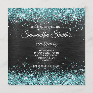 Faux Aqua Glitter and Black Foil 40th Birthday Invitation