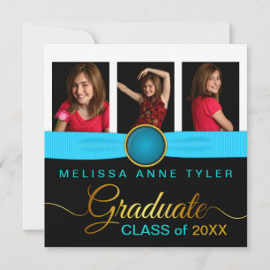 Faux Aqua Jewel Ribbon Photo Graduation Invitation