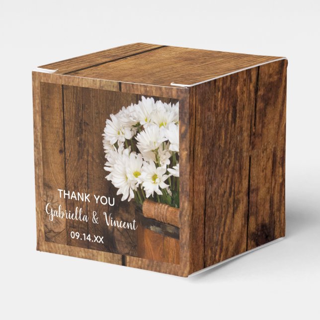 Faux Barn Wood Bucket and White Daisies Wedding Favour Box (Front Side)
