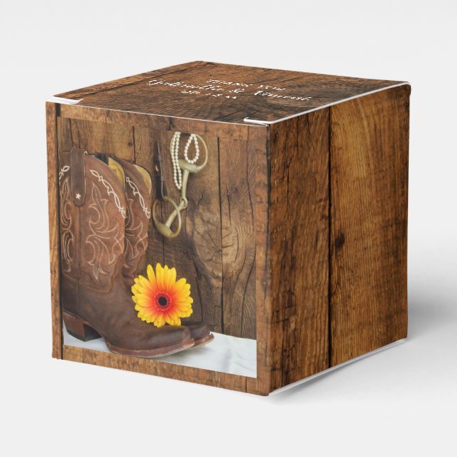 Faux Barn Wood Cowboy Boot Daisy Horse Bit Wedding Favour Box (Front Side)