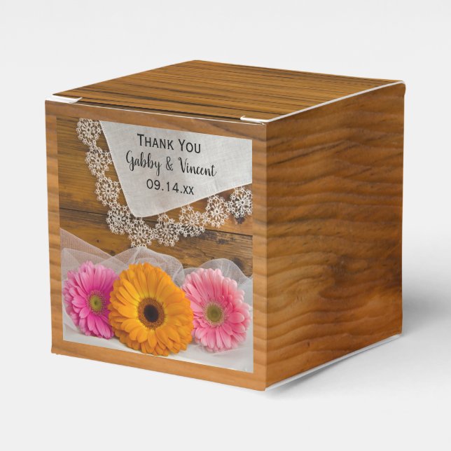 Faux Barn Wood Daisy Trio Lace Wedding Favour Box (Front Side)