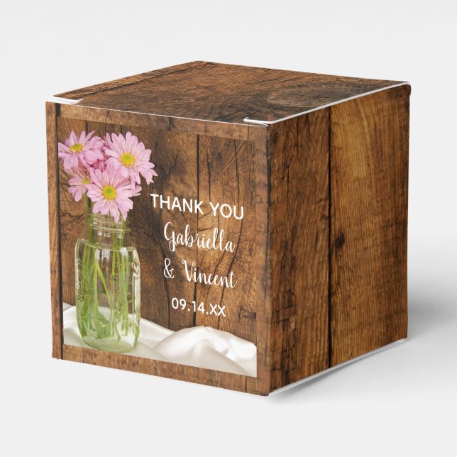 Faux Barn Wood Mason Jar and Pink Daisies Wedding Favour Box (Front Side)