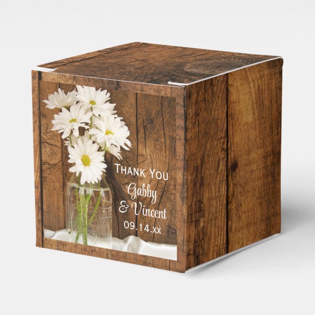 Faux Barn Wood Mason Jar and White Daisies Wedding Favour Box (Front Side)