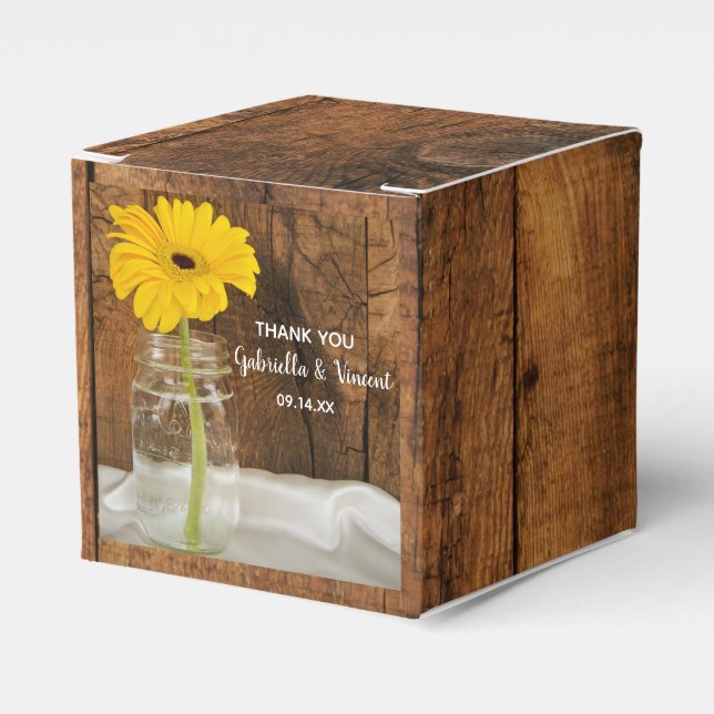 Faux Barn Wood Mason Jar and Yellow Daisy Wedding Favour Box (Front Side)