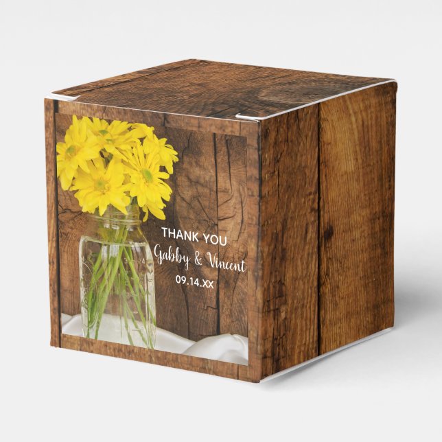 Faux Barn Wood Mason Jar Yellow Daisies Wedding Favour Box (Front Side)