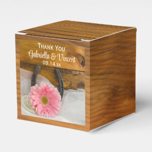 Faux Barn Wood Pink Daisy and Horseshoe Wedding Favour Box
