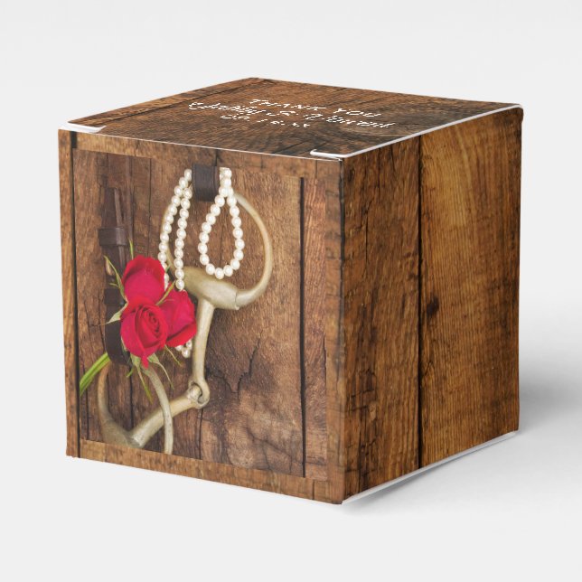 Faux Barn Wood Red Roses Horse Bit Western Wedding Favour Box (Front Side)