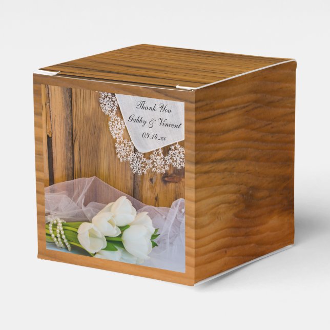 Faux Barn Wood Rustic White Tulips Barn Wedding Favour Box (Front Side)
