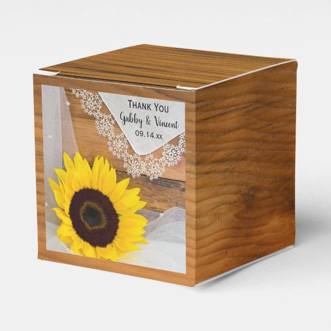 Faux Barn Wood Sunflower and Lace Country Wedding Favour Box (Front Side)