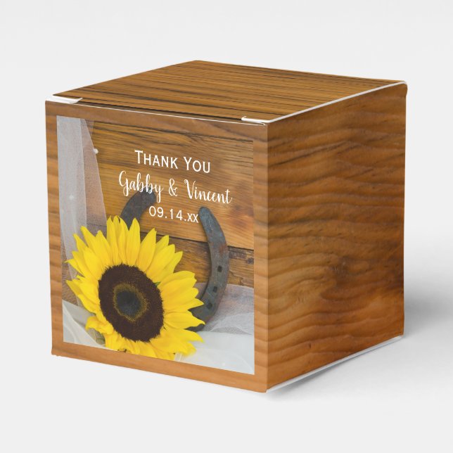Faux Barn Wood Sunflower Horseshoe Western Wedding Favour Box (Front Side)