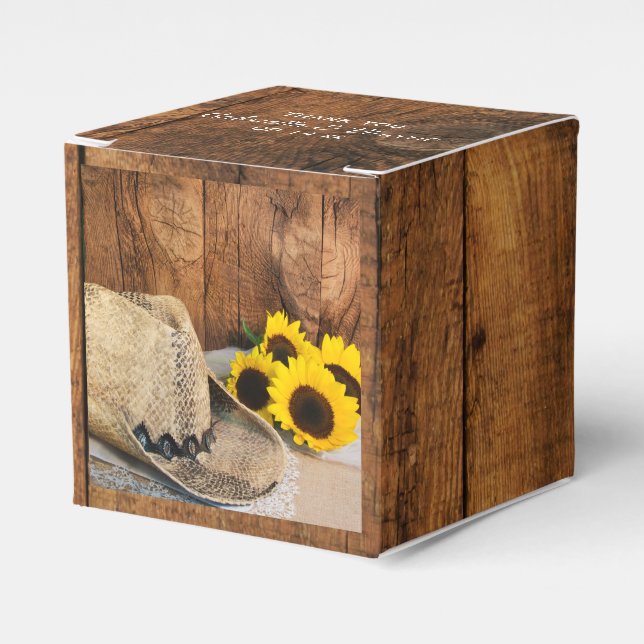 Faux Barn Wood, Sunflowers, Cowboy Hat Wedding Favour Box (Front Side)