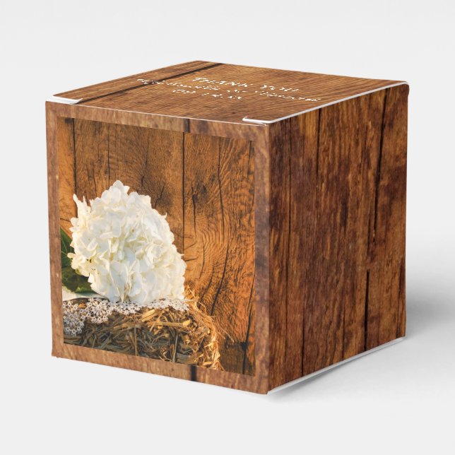 Faux Barn Wood, White Hydrangea Barn Wood Wedding Favour Box (Front Side)