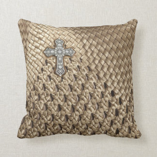 Faux Basket Weaved Rhinestone Pearl Cross Pillow