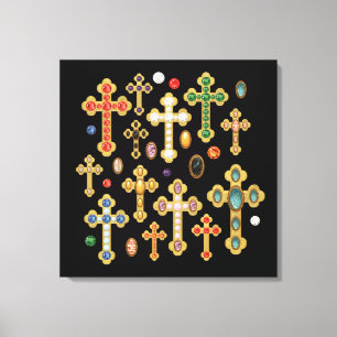 Faux Birthstone Crosses and Loose Gems on Black Canvas Print