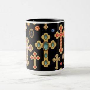 Faux Birthstone Crosses and Loose Gems on Black Mug